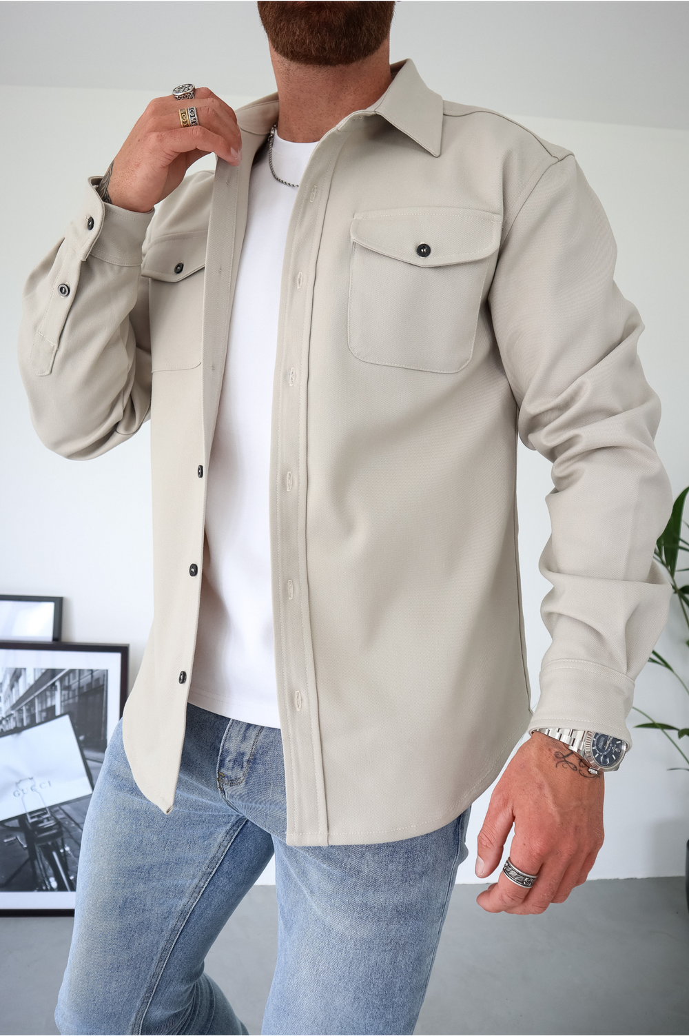Chaqueta overshirt para hombre con botones, manga larga, bolsillo en el pecho, ajuste regular