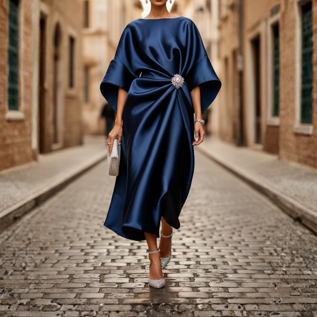 Vestido midi para mujer con escote en V, manga hasta el codo y falda acampanada