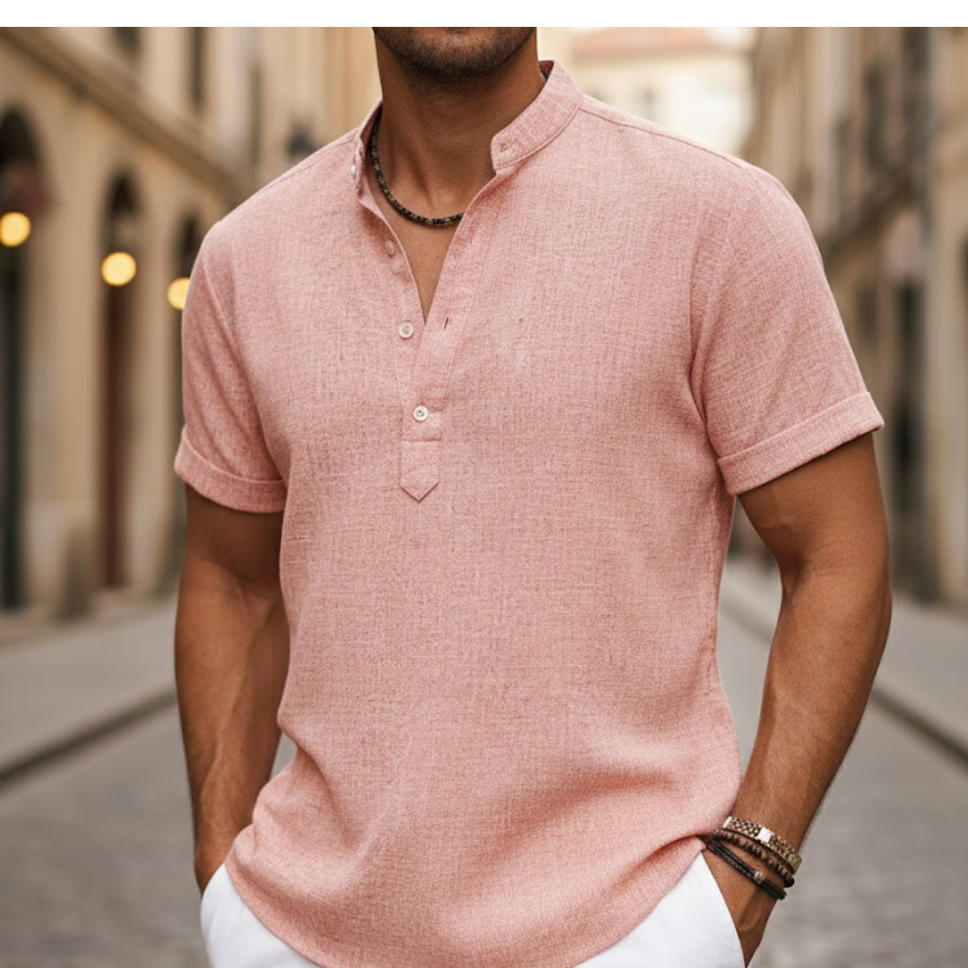 Camisa de manga corta para hombre de mezcla de lino con cuello henley