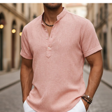 Camisa de manga corta para hombre de mezcla de lino con cuello henley