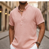 Camisa de manga corta para hombre de mezcla de lino con cuello henley