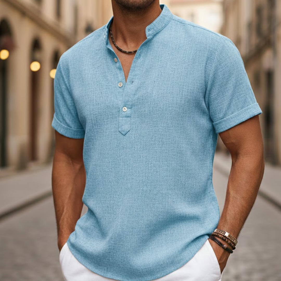 Camisa de manga corta para hombre de mezcla de lino con cuello henley
