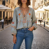 Blouse paysanne à col en V brodée manches longues bleu clair pour femme
