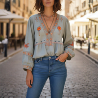 Blouse paysanne à col en V brodée manches longues bleu clair pour femme