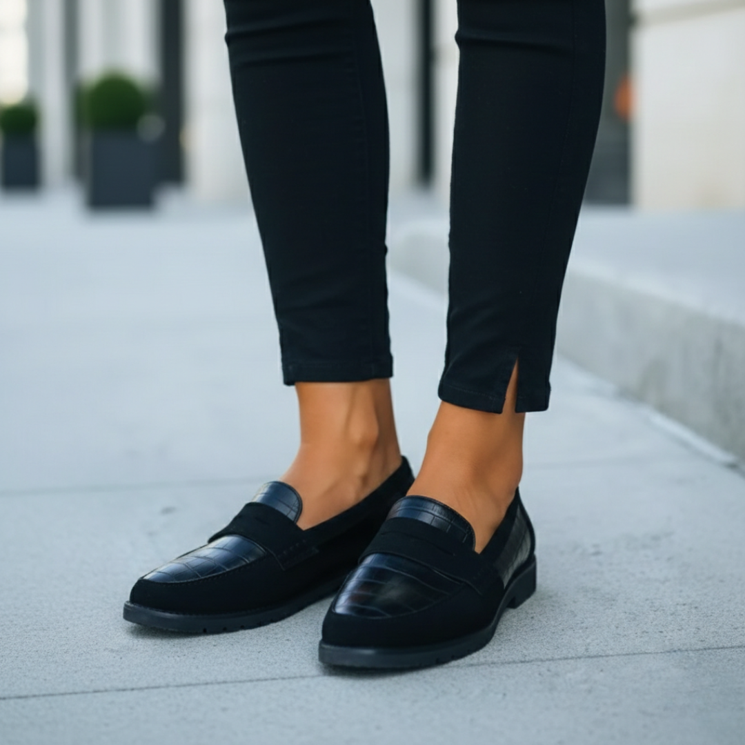 Mocasines ortopédicos para mujer de cuero sintético con textura de cocodrilo y detalle de moneda