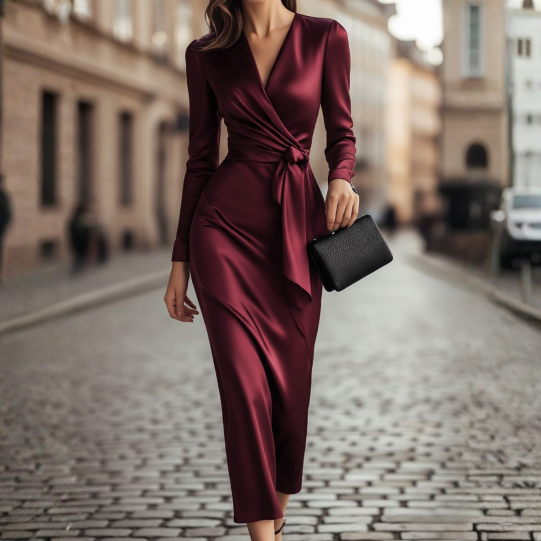 Vestido midi cruzado de satén burdeos para mujer