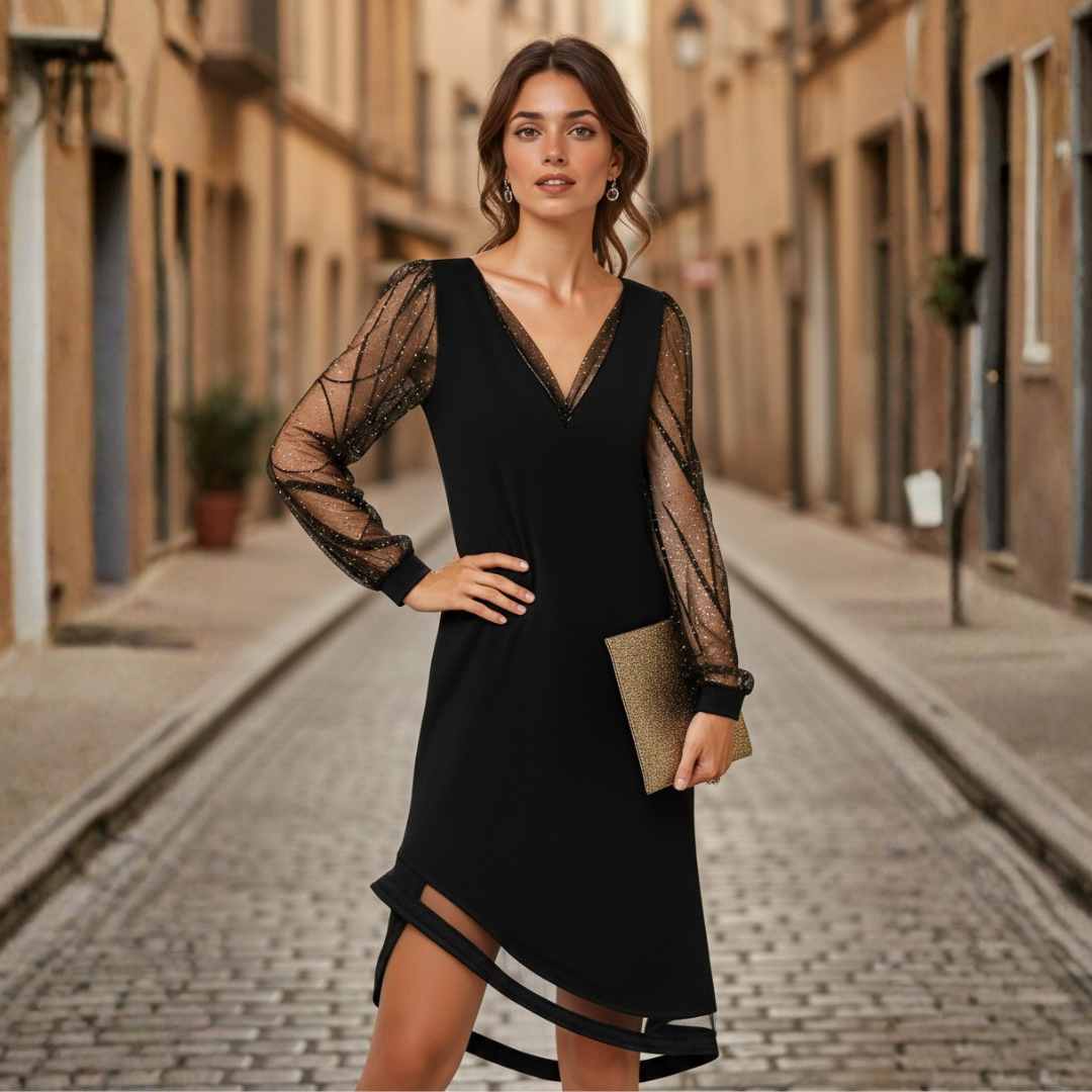Vestido de cóctel con escote en V, lentejuelas transparentes, manga larga de malla para mujer, negro