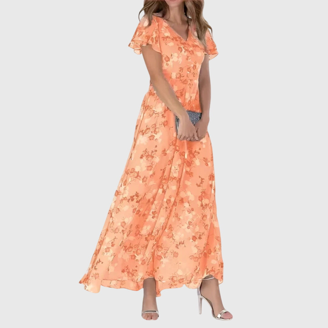 Vestido Maxi para Mujer Floral con Manga Corta, Escote en V y Fluido