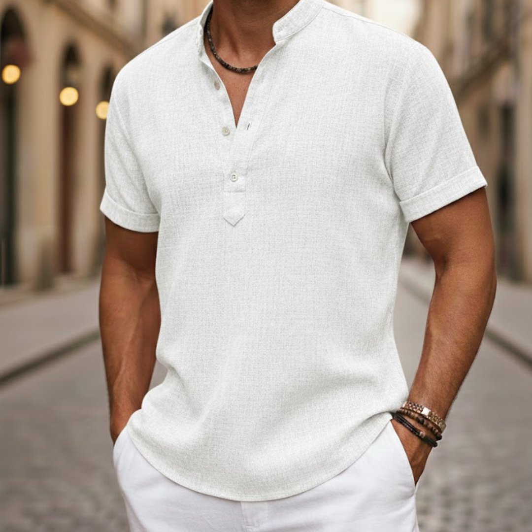 Camisa de manga corta para hombre de mezcla de lino con cuello henley