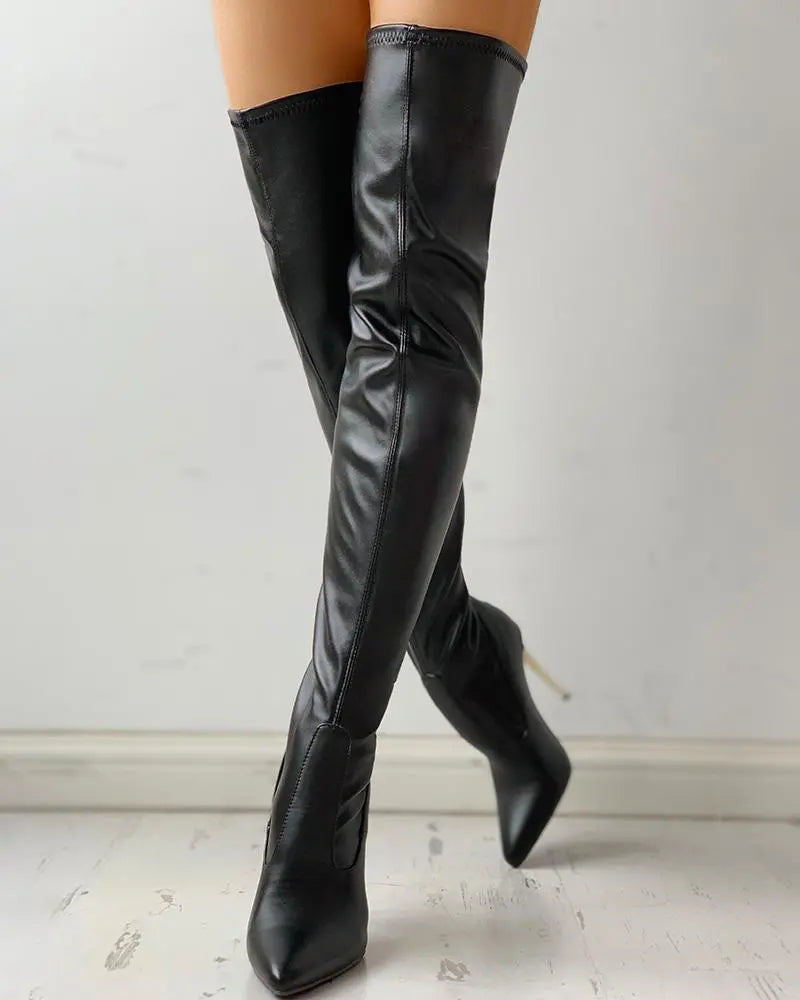 Botas de cuero para mujer hasta la rodilla con cremallera y tacón bajo