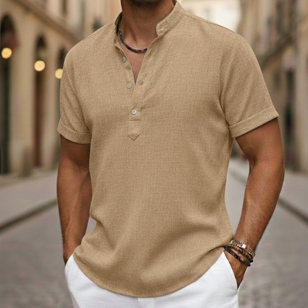 Camisa de manga corta para hombre de mezcla de lino con cuello henley