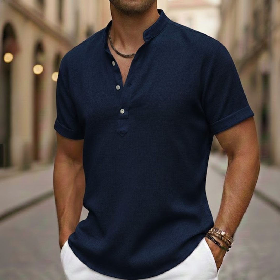 Camisa de manga corta para hombre de mezcla de lino con cuello henley