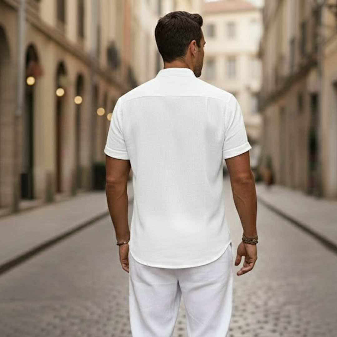 Camisa de manga corta para hombre de mezcla de lino con cuello henley
