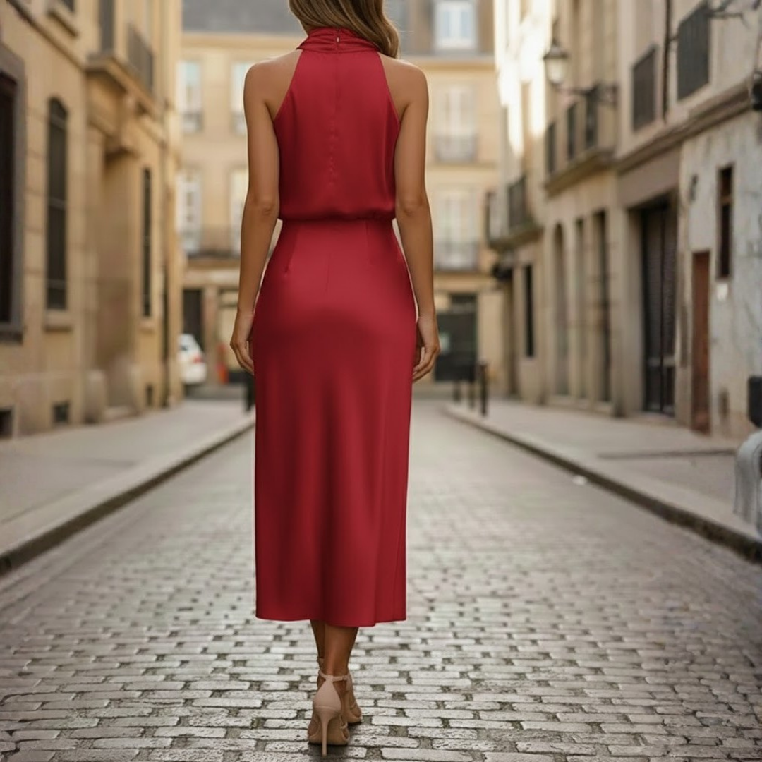 Robe mi-longue pour femme col montant sans manches en mélange de coton