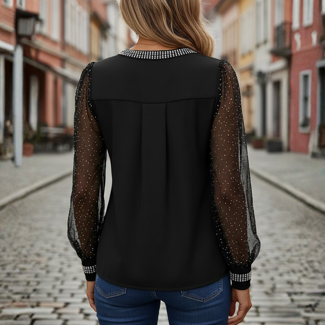 Mesh Top Long Sleeve Sequin Rhinestone Black Women