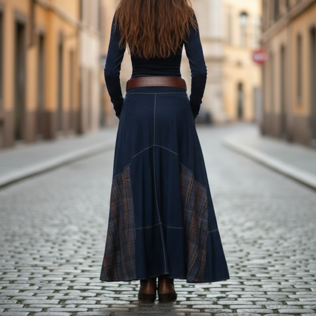 Vestido largo vintage de poliéster con cuadros y ante sintético para mujer