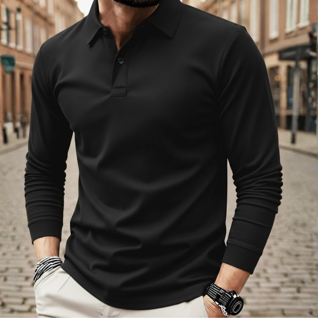 Camiseta de manga larga para hombre, tipo polo, color sólido, ajuste holgado, tela de poliéster