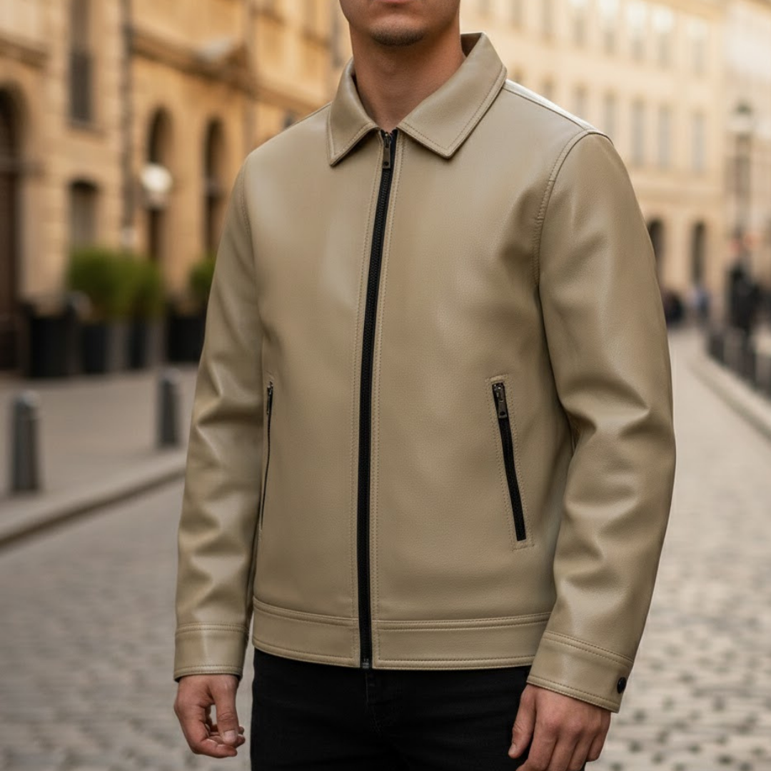 Men Vegan Suede Bomber Jacket Ribbed Collar Zipper