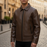 Men Vegan Suede Bomber Jacket Ribbed Collar Zipper