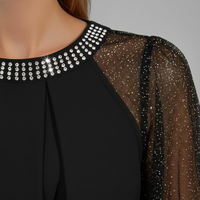 Mesh Top Long Sleeve Sequin Rhinestone Black Women