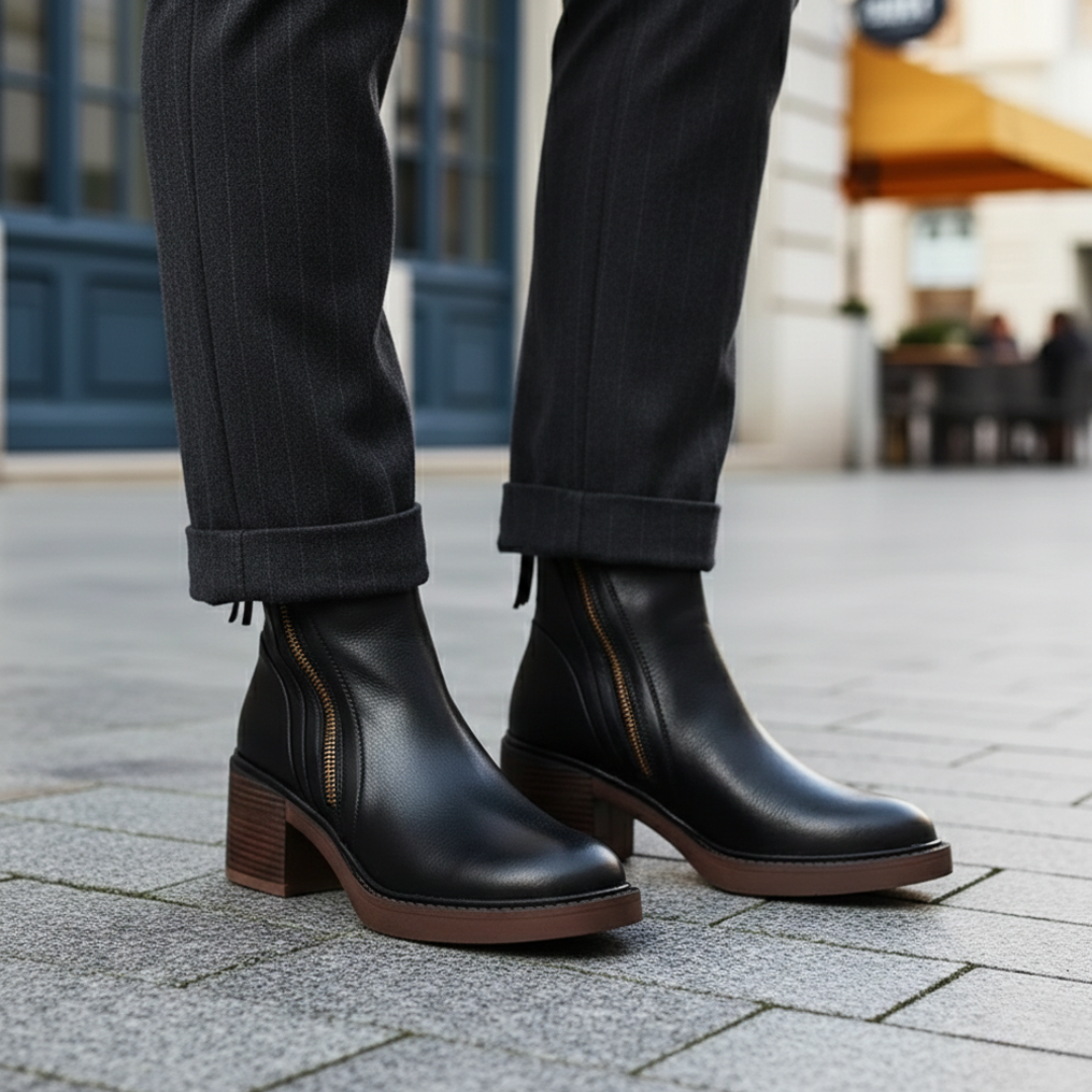 Botines ortopédicos para mujer con tacón grueso, cremallera lateral, cuero sintético