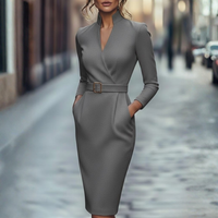 Women Black Pencil Dress Mock Wrap Neckline Three Quarter Sleeve