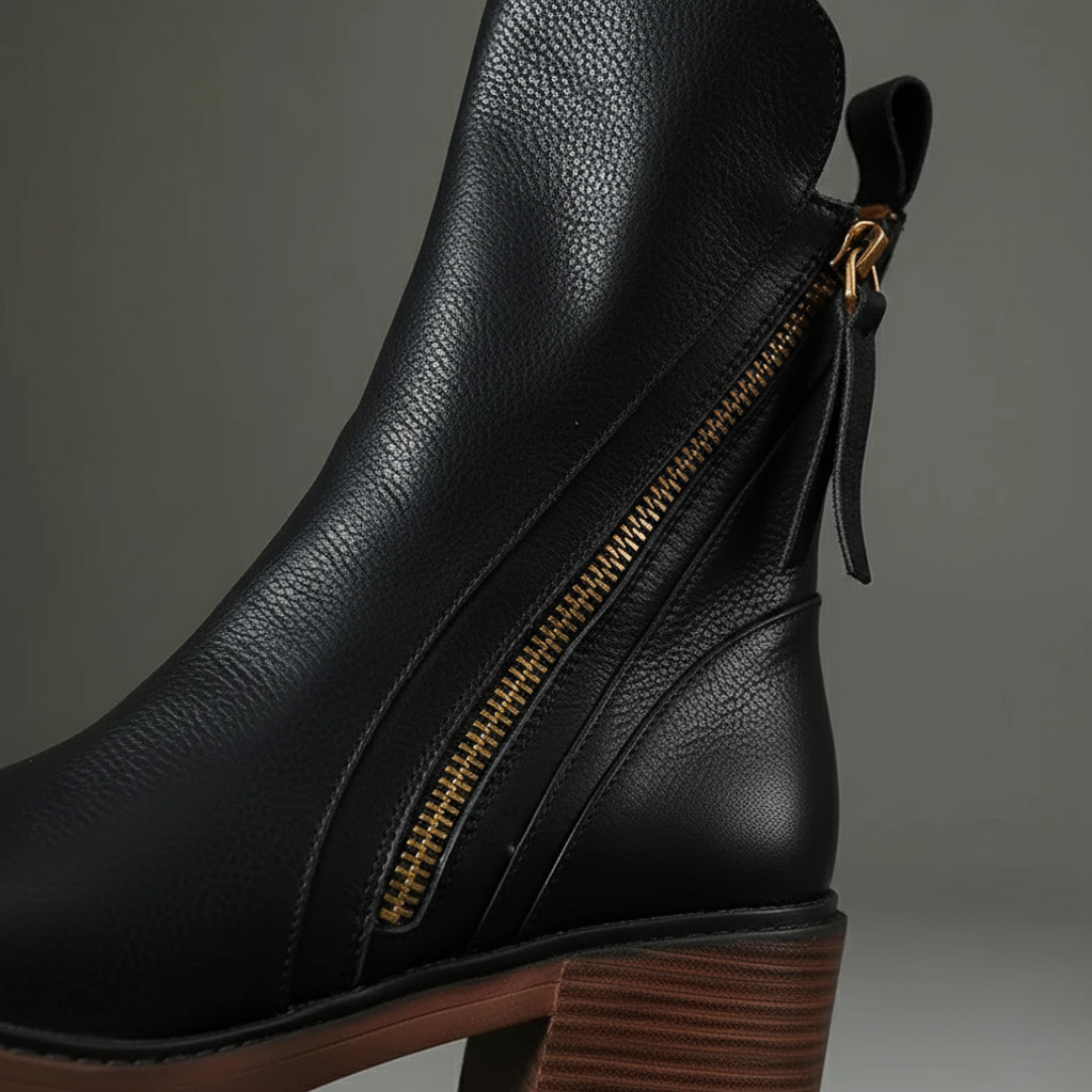 Botines ortopédicos para mujer con tacón grueso, cremallera lateral, cuero sintético