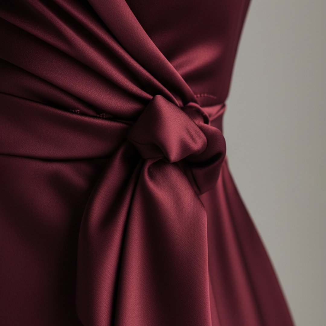 Vestido midi cruzado de satén burdeos para mujer