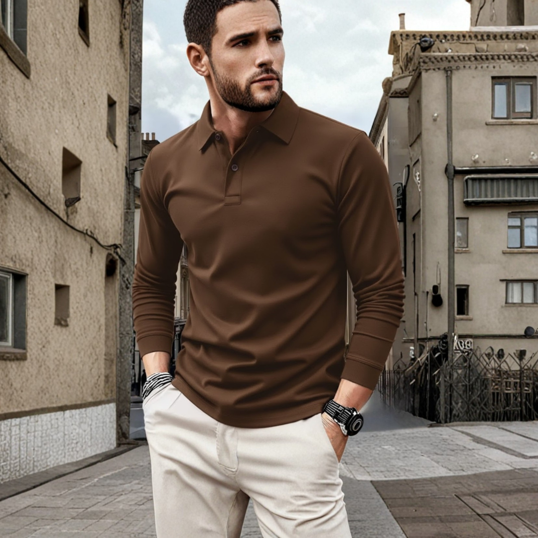 Camiseta de manga larga para hombre, tipo polo, color sólido, ajuste holgado, tela de poliéster