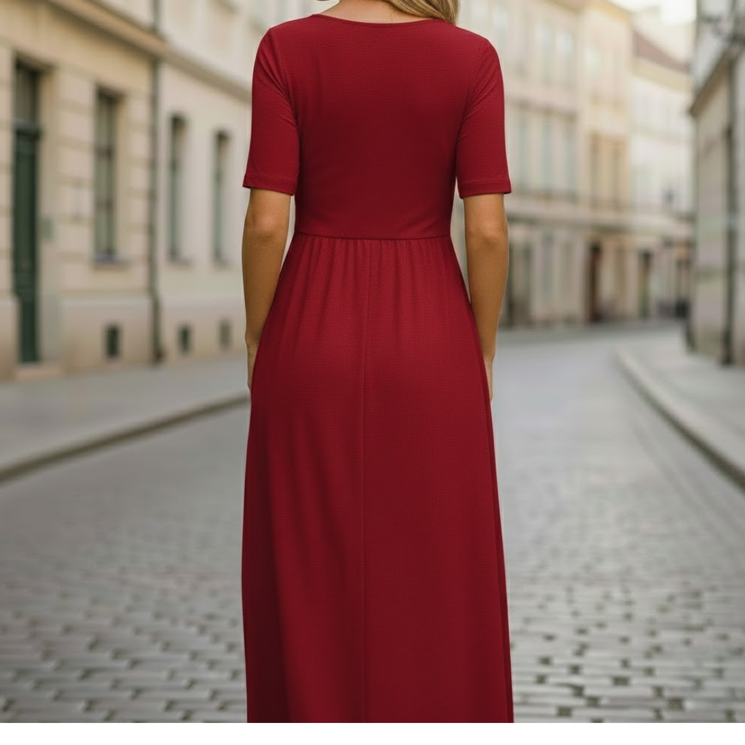 Women Midi Dress V Neck Elbow Sleeve Flared Skirt
