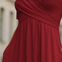 Women Midi Dress V Neck Elbow Sleeve Flared Skirt