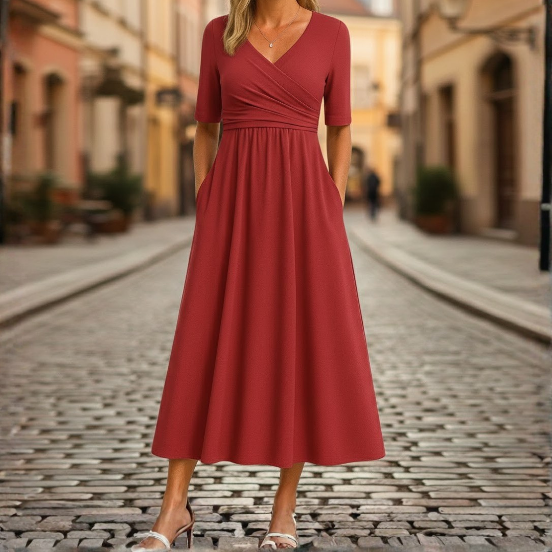Women Midi Dress V Neck Elbow Sleeve Flared Skirt