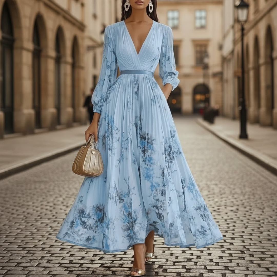 Pleated Maxi Dress V Neck Long Sleeve Floral Pattern