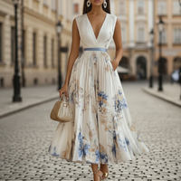 Pleated Maxi Dress V Neck Long Sleeve Floral Pattern