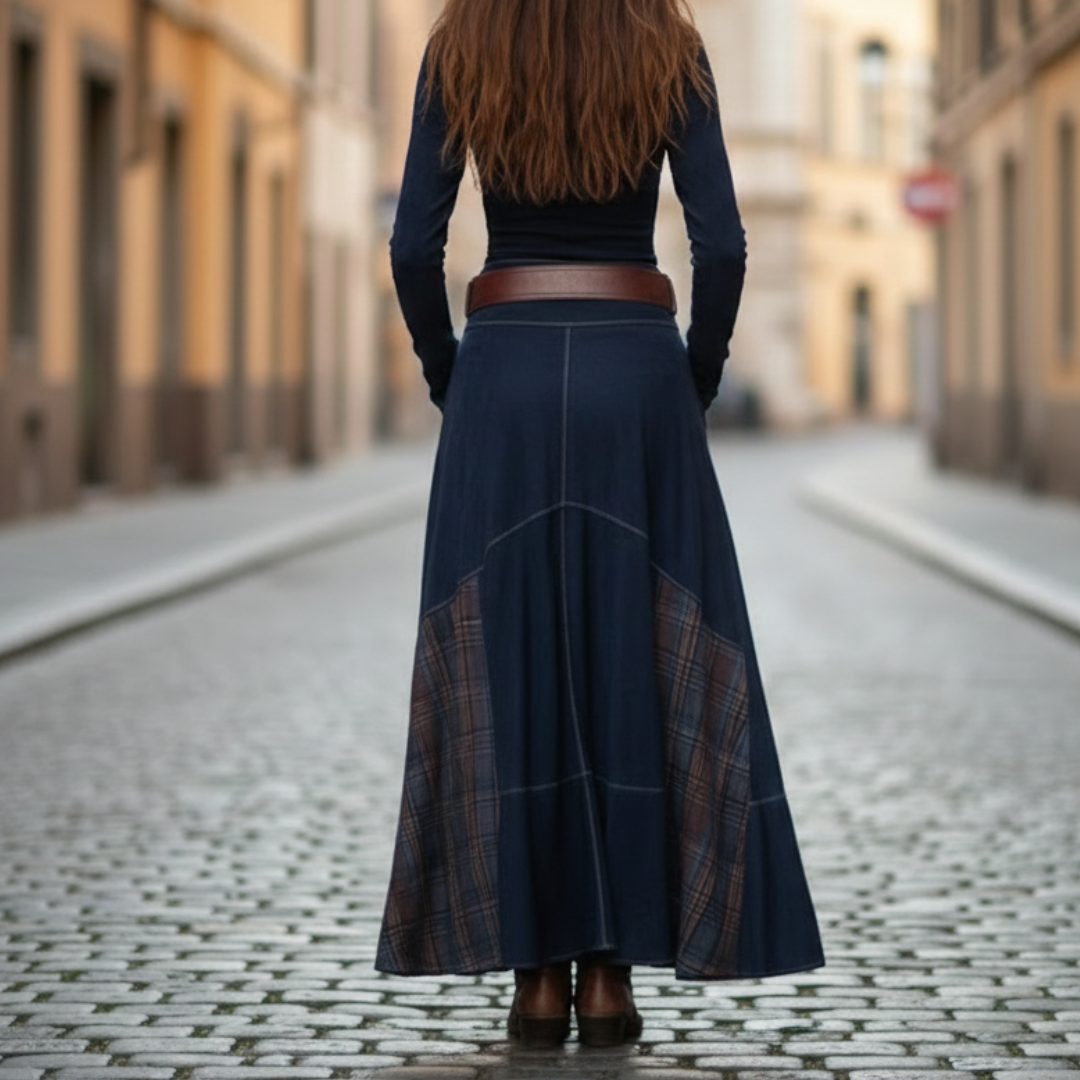 Vestido largo vintage de poliéster con cuadros y ante sintético para mujer