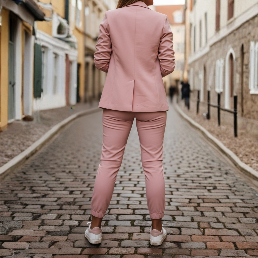 Conjunto de Blazer y Pantalón Deportivo con Frente Abierto y Mangas Fruncidas para Mujer
