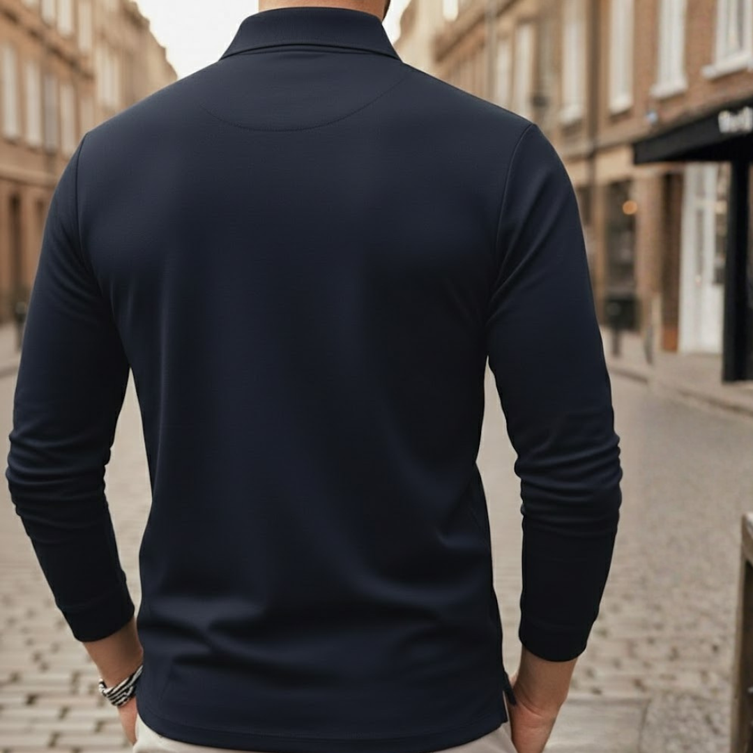 Camiseta de manga larga para hombre, tipo polo, color sólido, ajuste holgado, tela de poliéster