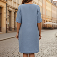 Vestido entallado de manga corta con apariencia de lino para mujer