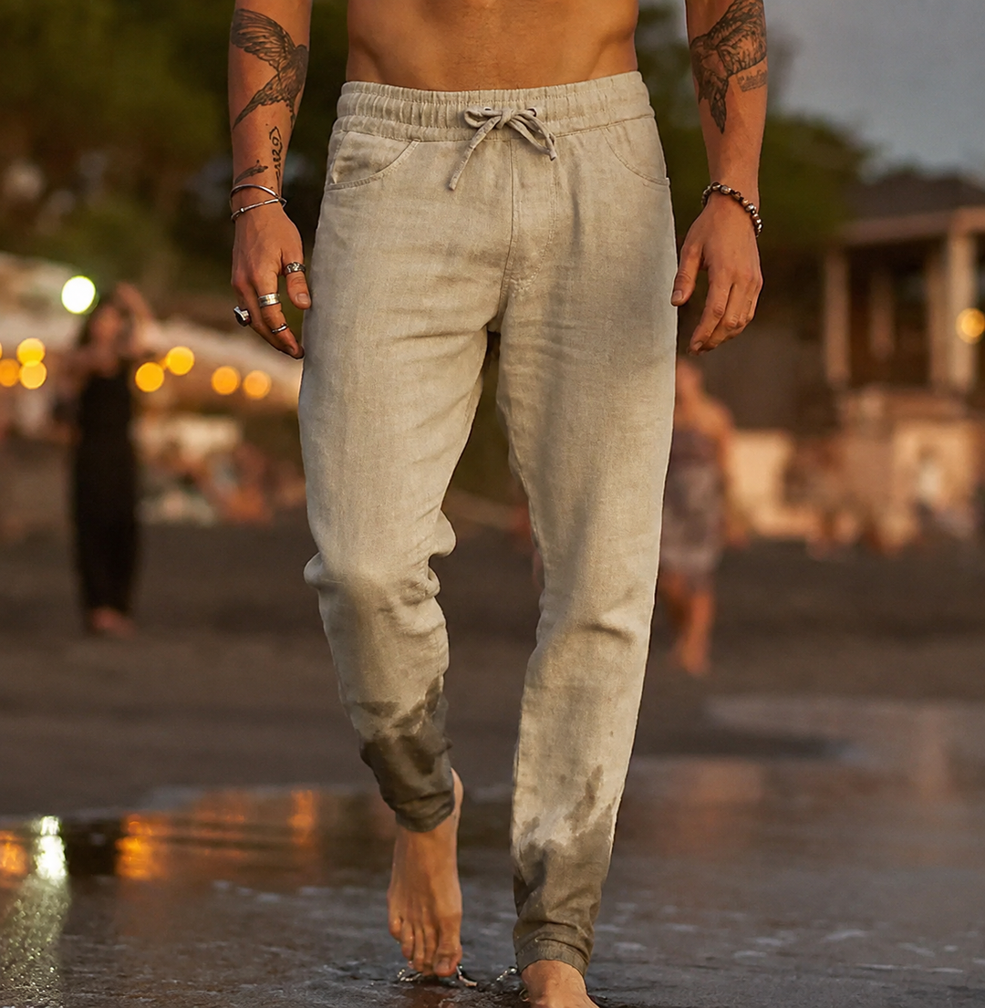 Pantalones de lino relajados para hombre con cordón
