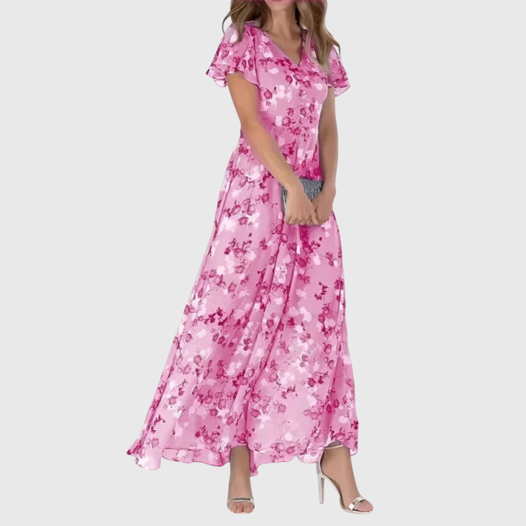 Women's Maxi Dress Floral Short Sleeve V-Neck Flowy