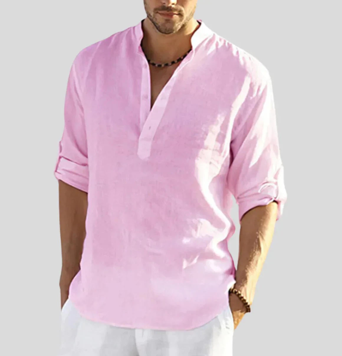 Camisa Henley para Hombre con Tapeta de Botones de Lino, Manga Larga con Presilla, Corte Regular