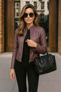 Chaqueta de cuero para mujer, ajustada, con cremallera, manga larga y cuello mandarín