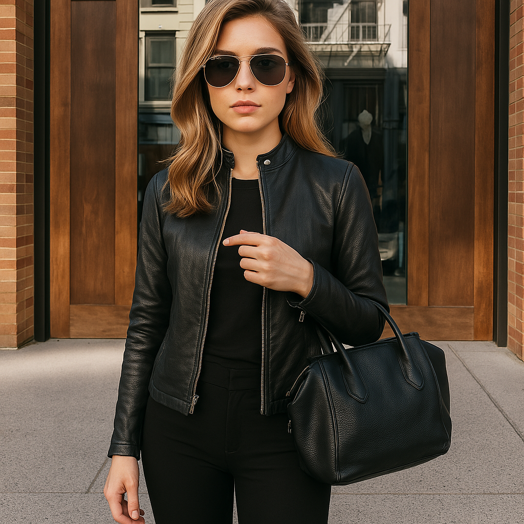 Chaqueta de cuero para mujer, ajustada, con cremallera, manga larga y cuello mandarín