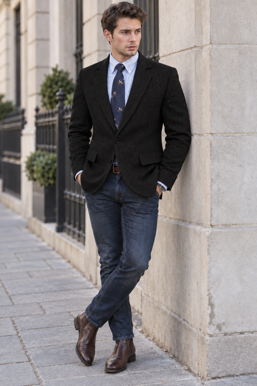 Blazer clásico de tweed de espiga para hombre | Solapa de muesca entallada
