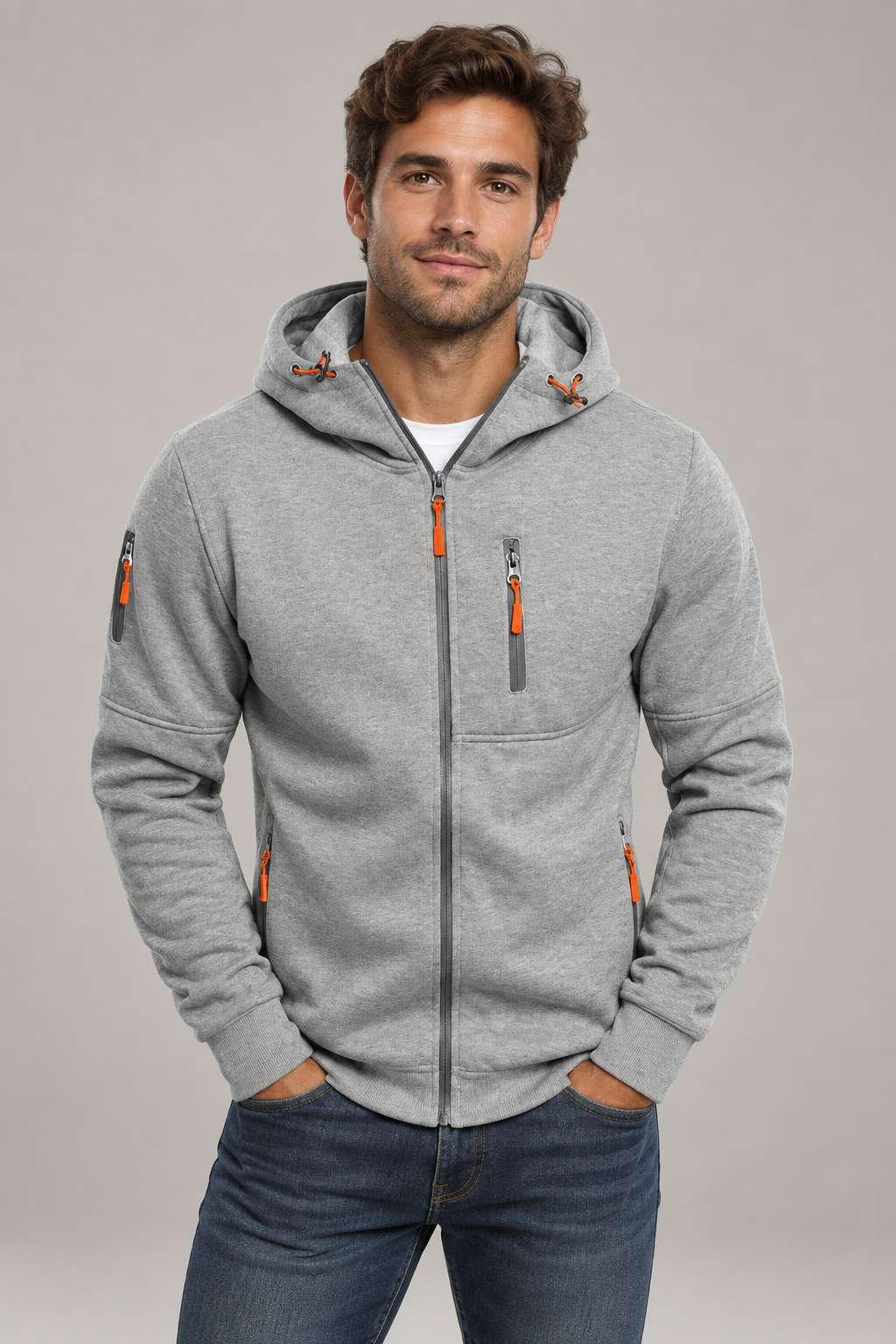 Sudadera con capucha cálida para hombre, con cremallera y bolsillo en el pecho | Corte casual