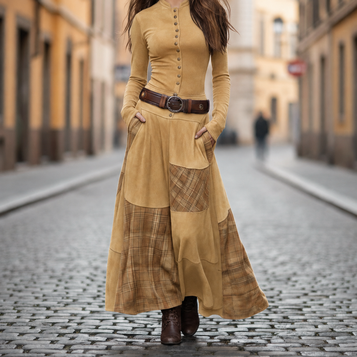 Vestido largo vintage de poliéster con cuadros y ante sintético para mujer