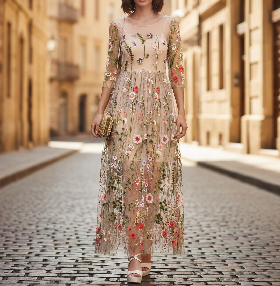 Vestido largo bordado de malla para mujer