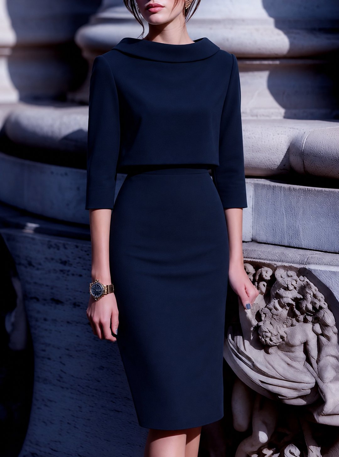 Conjunto elegante coordinado de top de cuello barco y falda midi para mujer