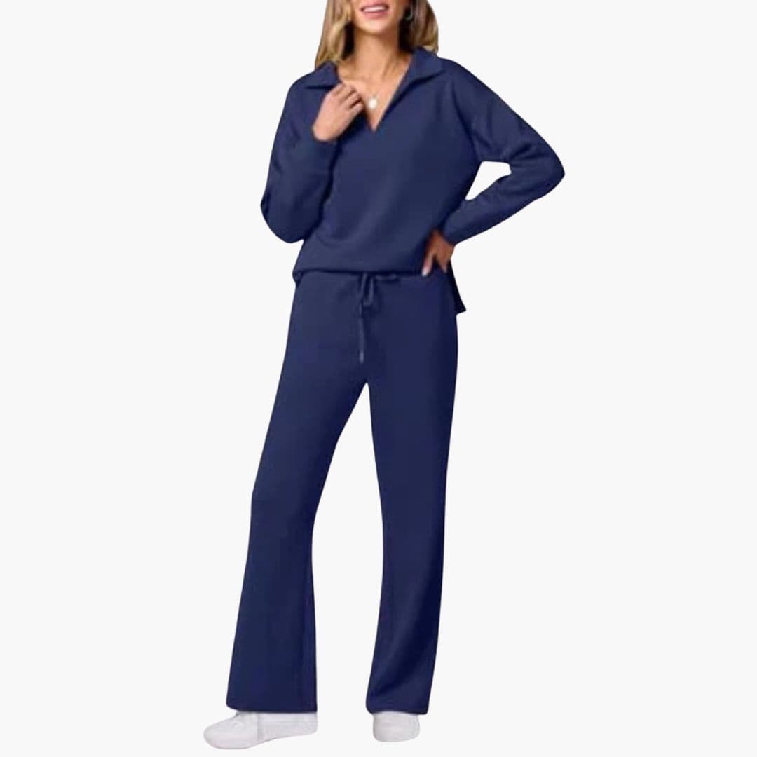 Women's Two-Piece Set V-Neck Long Sleeve Top And Wide Leg Pants Casual