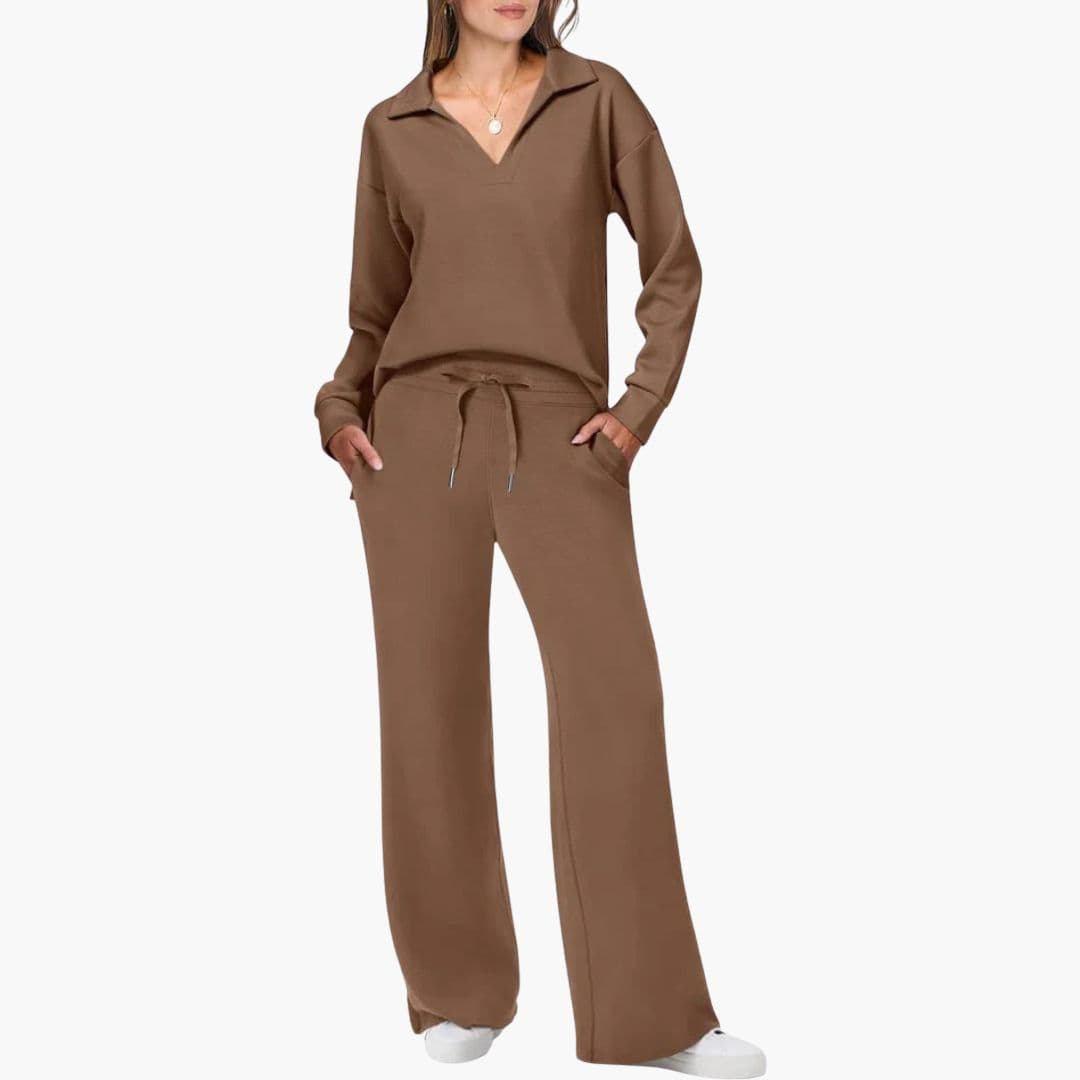 Women's Two-Piece Set V-Neck Long Sleeve Top And Wide Leg Pants Casual